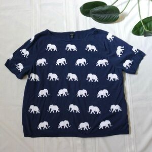 Talbots blue and white elephant patterned knit shirt